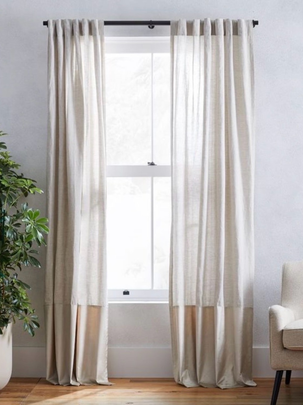 West Elm European Flax Linen & Luster Velvet Curtain Sand 96 inch (lot of 2)